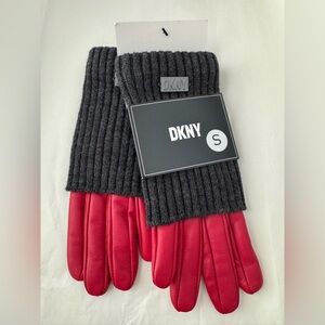 DKNY Red Leather Gloves w Grey Cuffs, NWT, Small